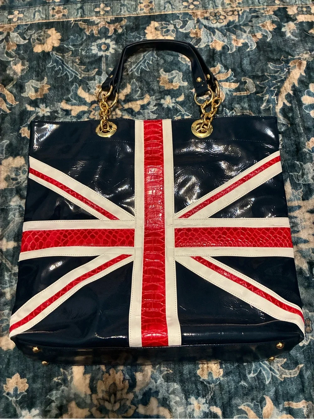 twiggy LONDON Navy, Red & White Union Jack Patent Tote with Gold Hardware